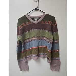 Vtg 90s Chunky Cropped Y2K Multicolor Colorblock Knit Preppy Sweater Womans XL